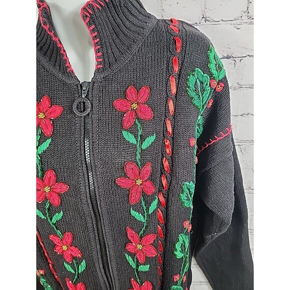 Vintage Work in progress full zip embroidered cardigan poinsettia Size L 14-16 - Picture 2 of 5